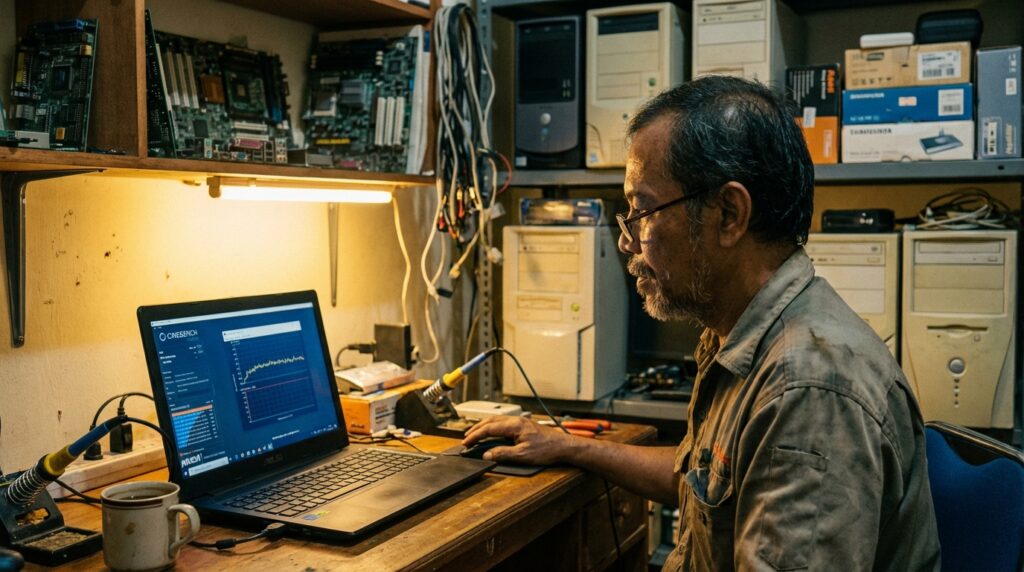 Teknisi sedang mengoleskan thermal paste baru pada chip prosesor laptop menggunakan metode titik tengah.