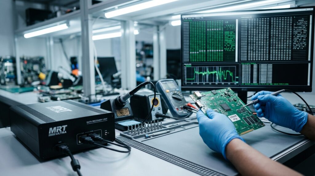 Teknisi sedang memperbaiki PCB hardisk untuk menyelamatkan data hdd rusak menggunakan mikroskop.