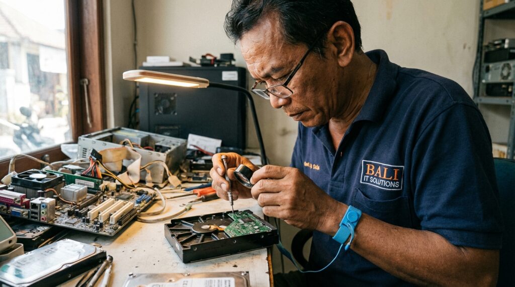 Teknisi sedang memperbaiki PCB hardisk untuk menyelamatkan data hdd rusak menggunakan mikroskop.