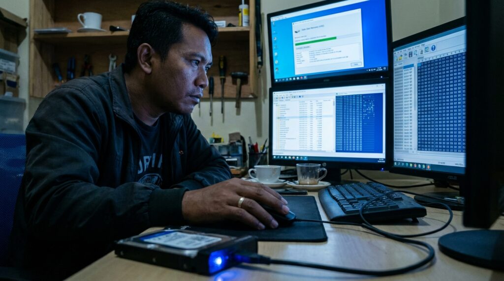 Teknisi sedang memperbaiki PCB hardisk untuk menyelamatkan data hdd rusak menggunakan mikroskop.