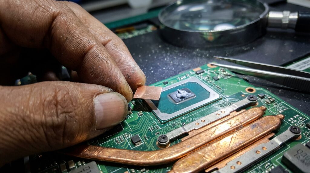 Teknisi melakukan modifikasi pendingin kipas laptop dengan memasang lempengan tembaga dan thermal paste kualitas tinggi pada motherboard.