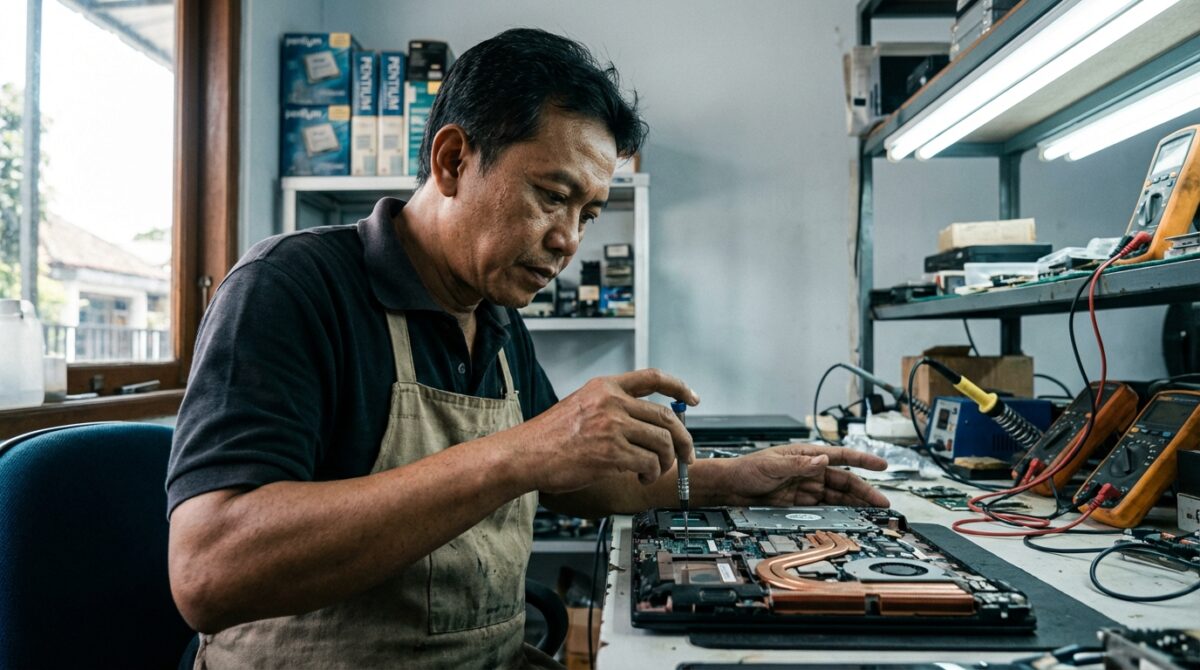 Teknisi melakukan modifikasi pendingin kipas laptop dengan memasang lempengan tembaga dan thermal paste kualitas tinggi pada motherboard.