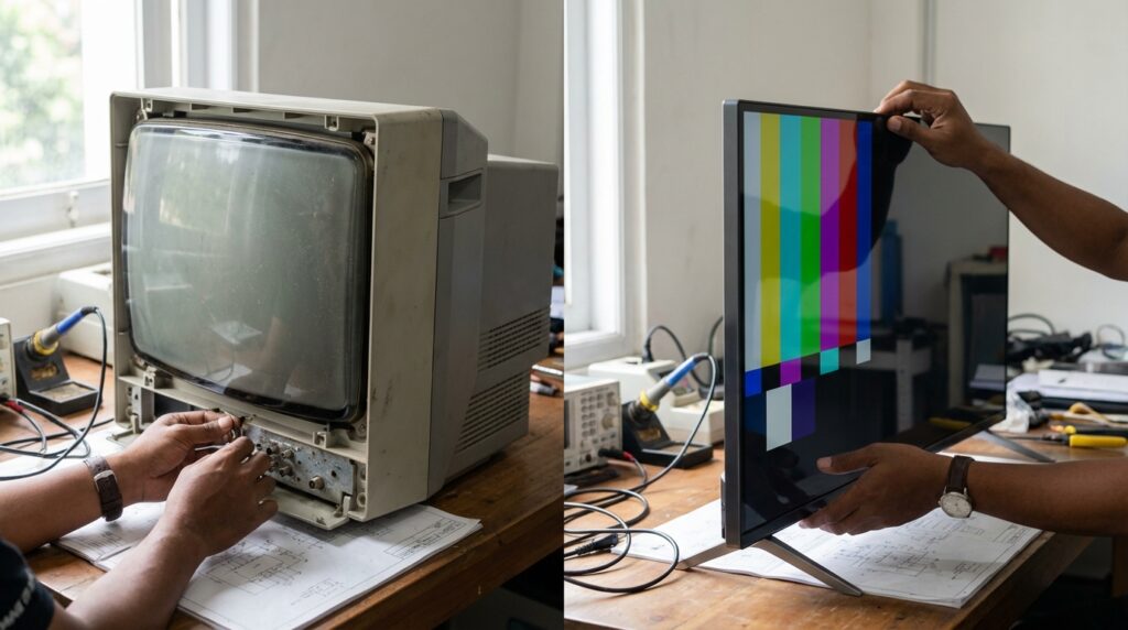 Monitor tabung CRT gaming Sony Trinitron untuk setup PC retro dengan motion clarity tinggi.