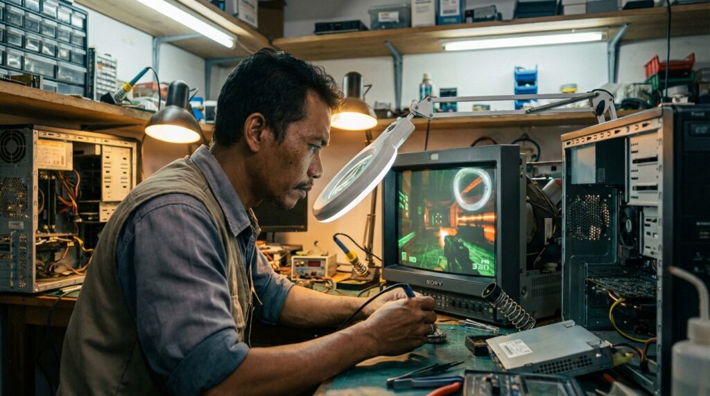 Monitor tabung CRT gaming Sony Trinitron untuk setup PC retro dengan motion clarity tinggi.