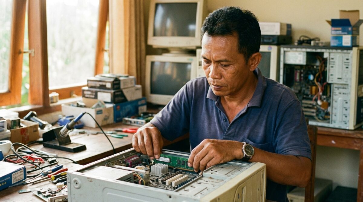 Teknisi sedang membersihkan RAM DDR3 dengan penghapus untuk optimasi memori PC lawas.