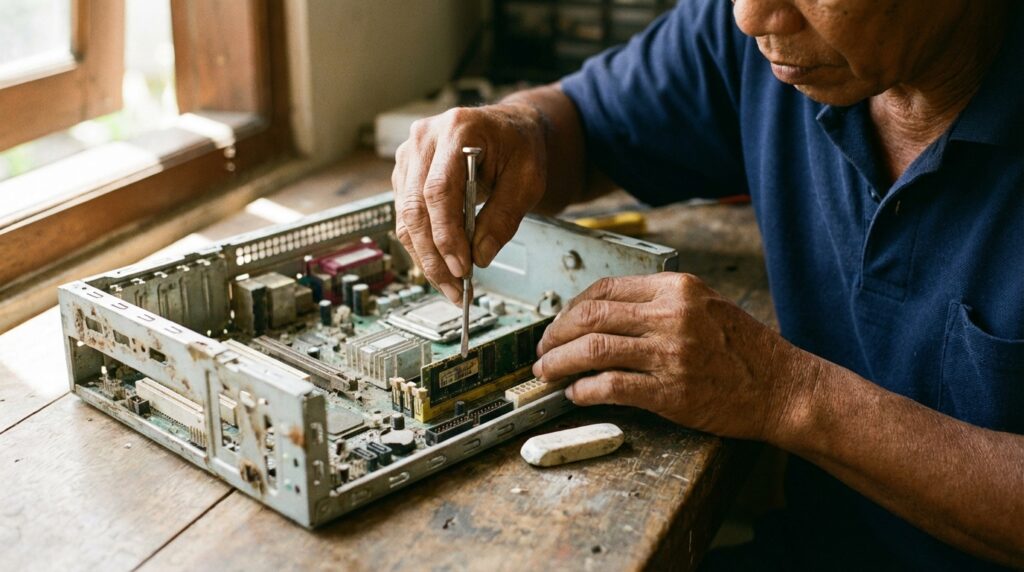 Teknisi sedang membersihkan RAM DDR3 dengan penghapus untuk optimasi memori PC lawas.