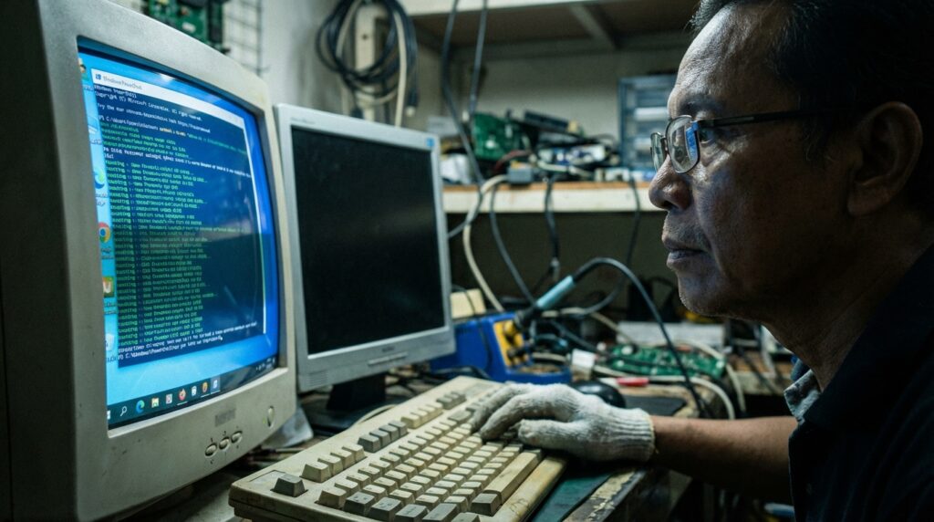 Teknisi sedang melakukan optimasi software dan hardware pada motherboard PC lawas di bengkel servis komputer.