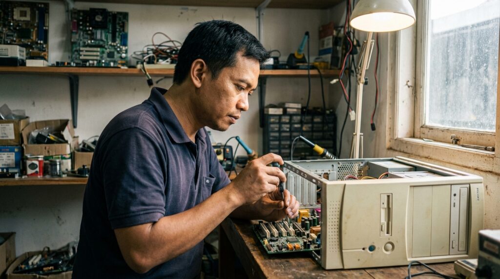 Teknisi sedang melakukan optimasi software dan hardware pada motherboard PC lawas di bengkel servis komputer.