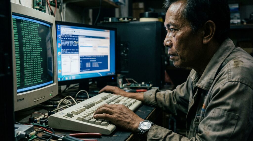 Teknisi sedang melakukan optimasi software dan hardware pada motherboard PC lawas di bengkel servis komputer.