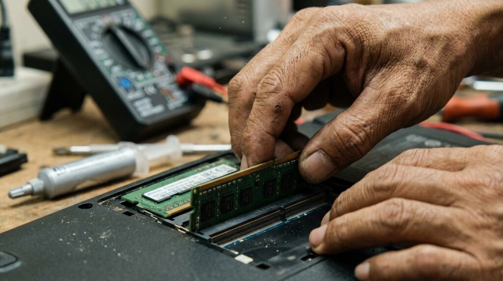 Teknisi hardware melakukan penggantian SSD dan pembersihan fan pada laptop lawas untuk meningkatkan kecepatan.