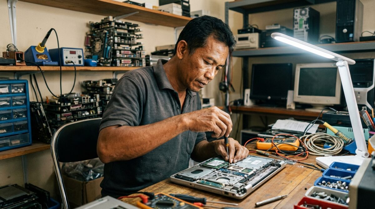 Teknisi hardware melakukan penggantian SSD dan pembersihan fan pada laptop lawas untuk meningkatkan kecepatan.