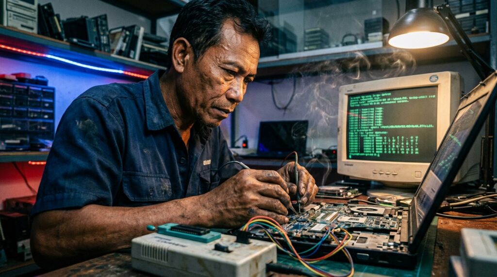 Teknisi hardware melakukan penggantian SSD dan pembersihan fan pada laptop lawas untuk meningkatkan kecepatan.
