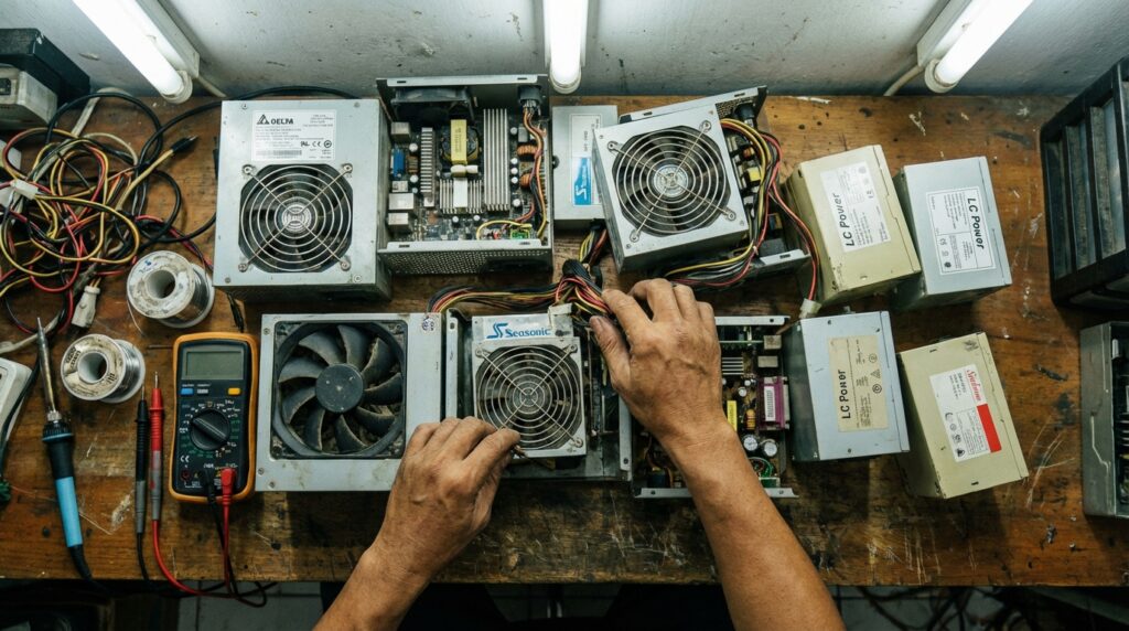 Infografis power supply tier list lawas untuk restorasi PC retro oleh teknisi profesional.