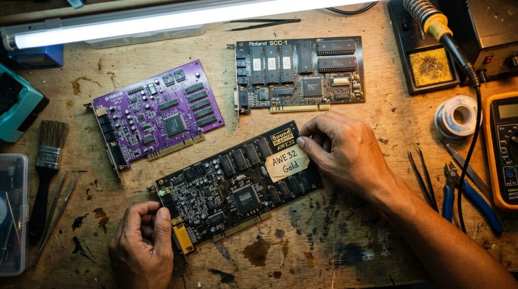Restorasi kartu suara Creative Sound Blaster lawas oleh teknisi ahli menggunakan solder dan penggantian kapasitor baru.