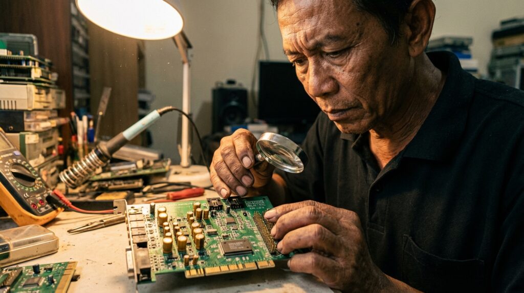 Restorasi kartu suara Creative Sound Blaster lawas oleh teknisi ahli menggunakan solder dan penggantian kapasitor baru.