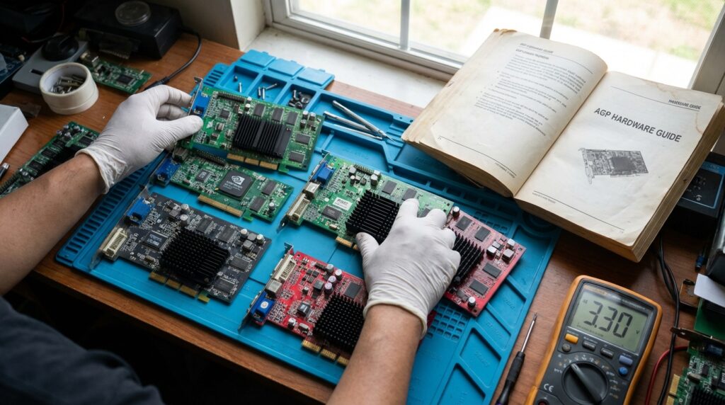 Perbandingan fisik VGA AGP ATI Radeon 9800 Pro dan NVIDIA GeForce 6800 Ultra untuk restorasi PC retro.