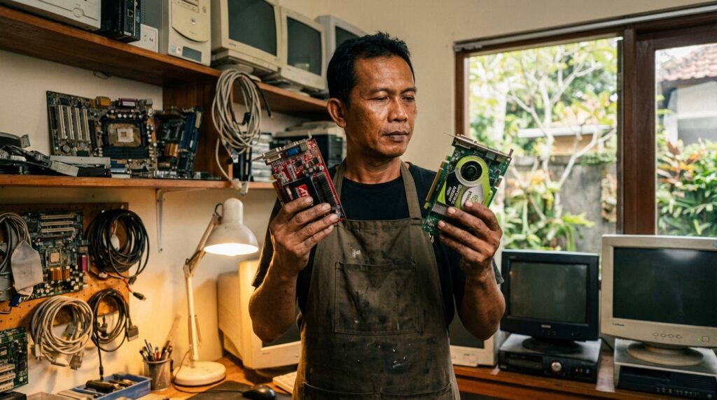 Perbandingan fisik VGA AGP ATI Radeon 9800 Pro dan NVIDIA GeForce 6800 Ultra untuk restorasi PC retro.