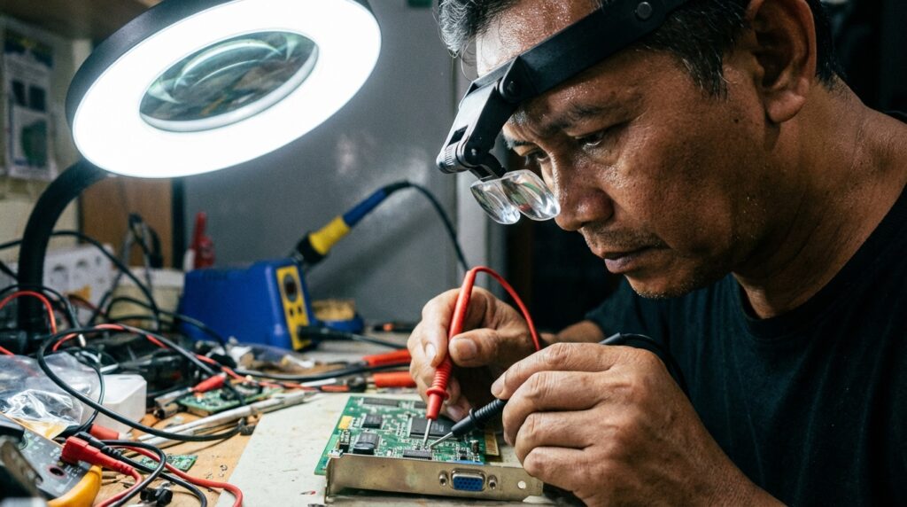 Perbandingan fisik VGA AGP ATI Radeon 9800 Pro dan NVIDIA GeForce 6800 Ultra untuk restorasi PC retro.