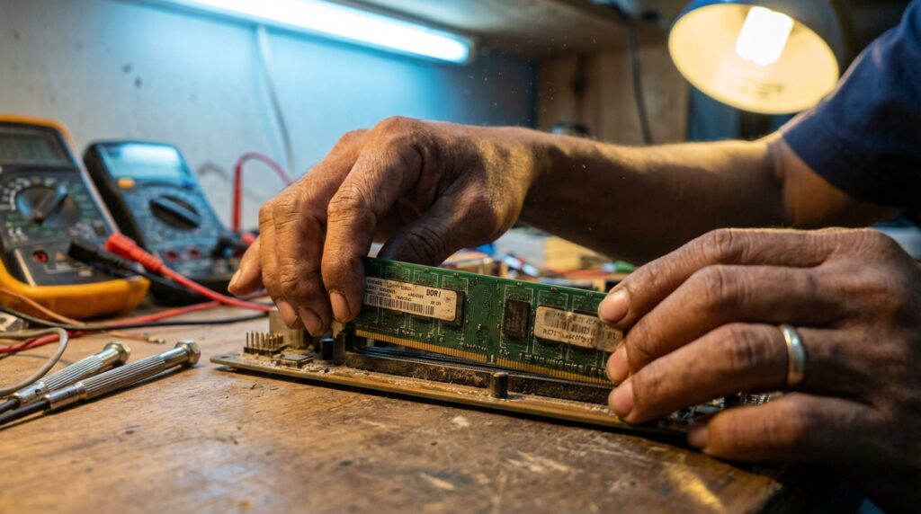 Teknisi sedang melakukan konfigurasi manual BIOS pada motherboard komputer lama untuk stabilitas sistem.