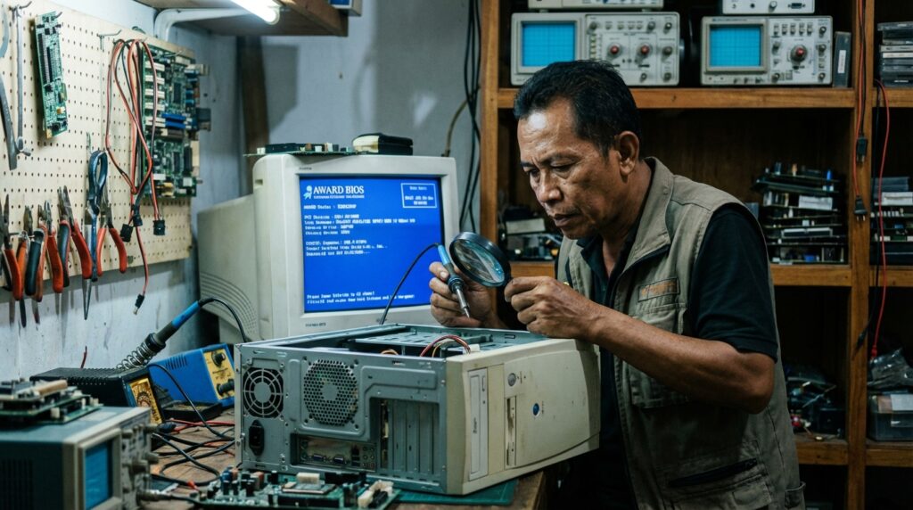 Teknisi sedang melakukan konfigurasi manual BIOS pada motherboard komputer lama untuk stabilitas sistem.