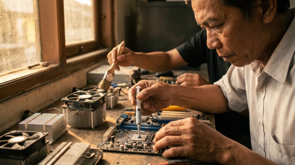 Teknisi sedang melakukan konfigurasi manual BIOS pada motherboard komputer lama untuk stabilitas sistem.