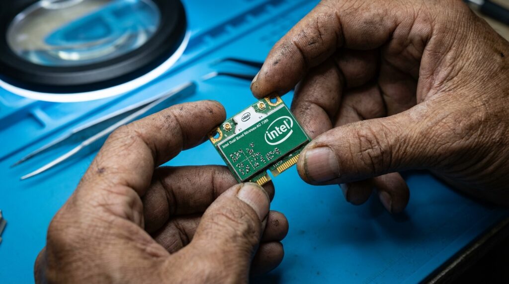 Teknisi sedang memasang modul wifi internal laptop Intel AC-7260 pada slot Mini PCIe untuk upgrade internet 5GHz.