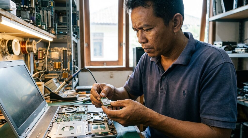 Teknisi sedang memasang modul wifi internal laptop Intel AC-7260 pada slot Mini PCIe untuk upgrade internet 5GHz.