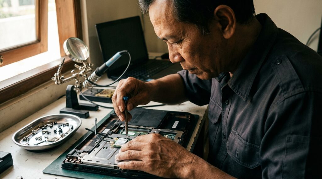 Teknisi sedang memasang modul wifi internal laptop Intel AC-7260 pada slot Mini PCIe untuk upgrade internet 5GHz.