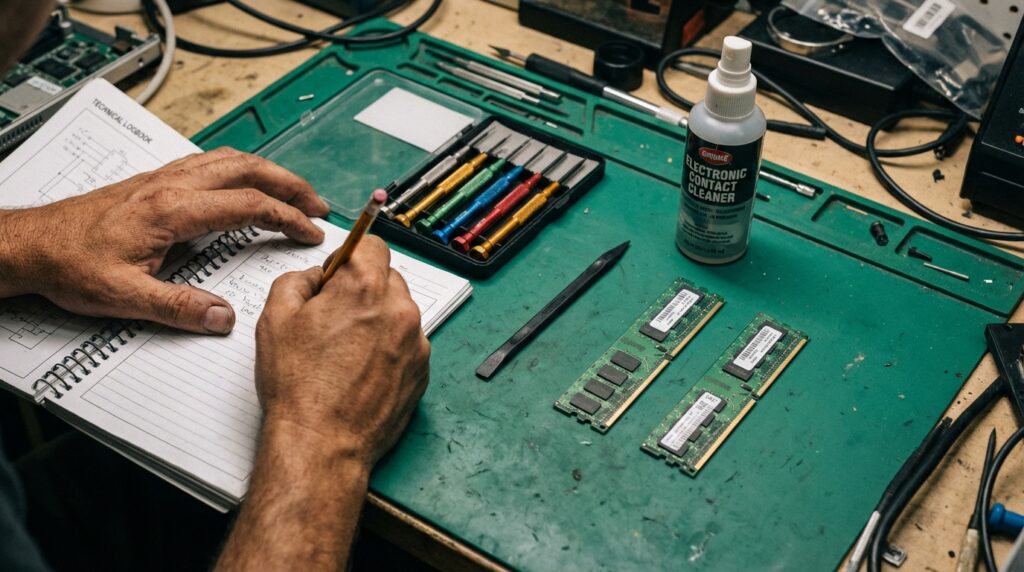 Teknisi sedang memasang modul RAM SODIMM DDR2 pada laptop lawas dengan benar.