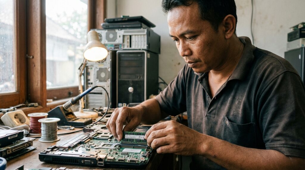Teknisi sedang memasang modul RAM SODIMM DDR2 pada laptop lawas dengan benar.