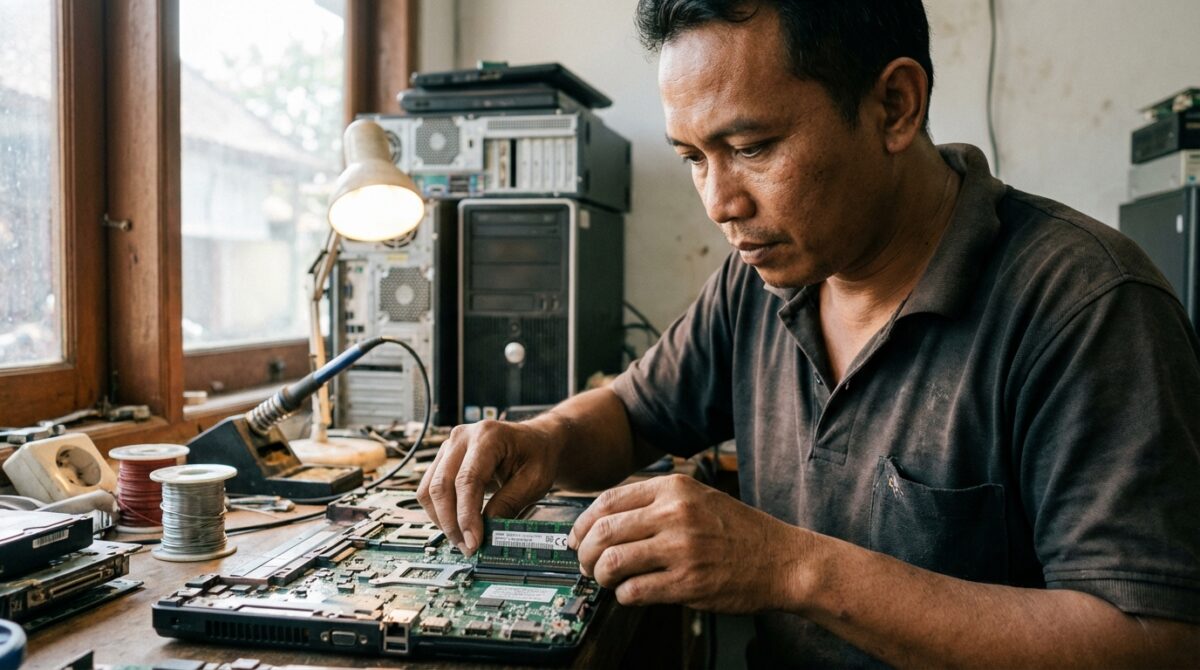 Teknisi sedang memasang modul RAM SODIMM DDR2 pada laptop lawas dengan benar.