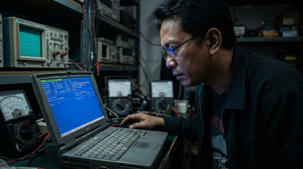 Teknisi sedang memasang modul RAM SODIMM DDR2 pada laptop lawas dengan benar.